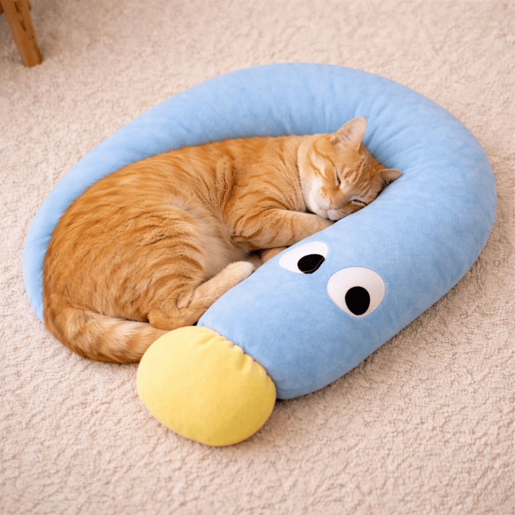 chat couche avec coussin à chat bleu design interrogatif