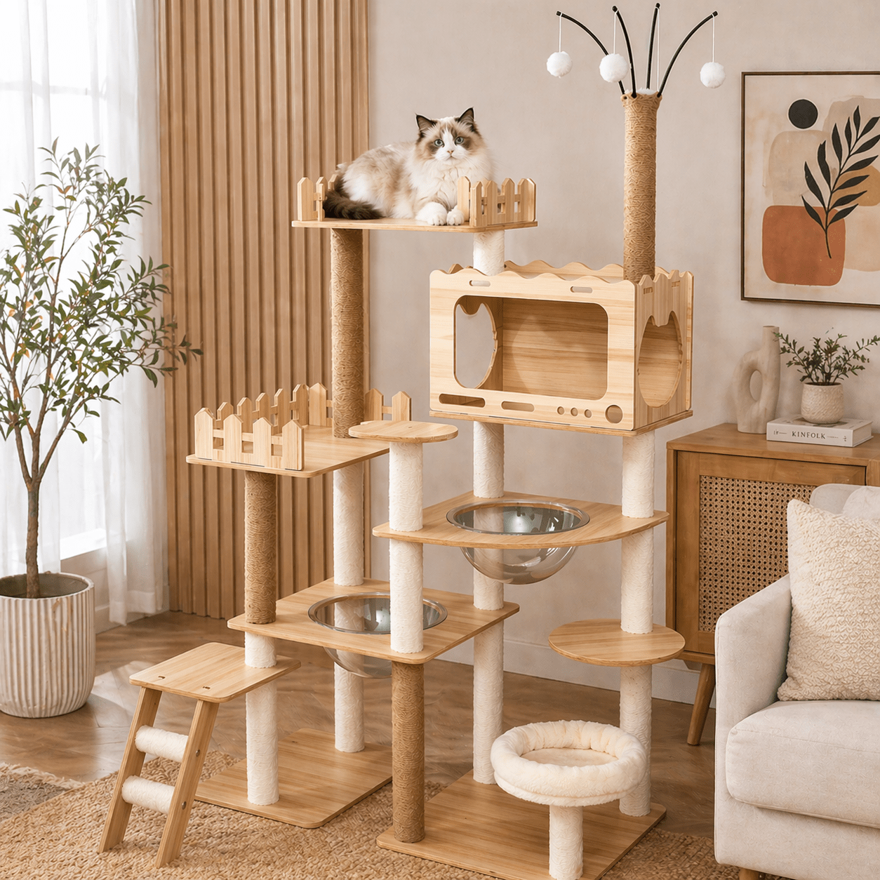 chat couche dans arbre a chat scandinave stable elegant