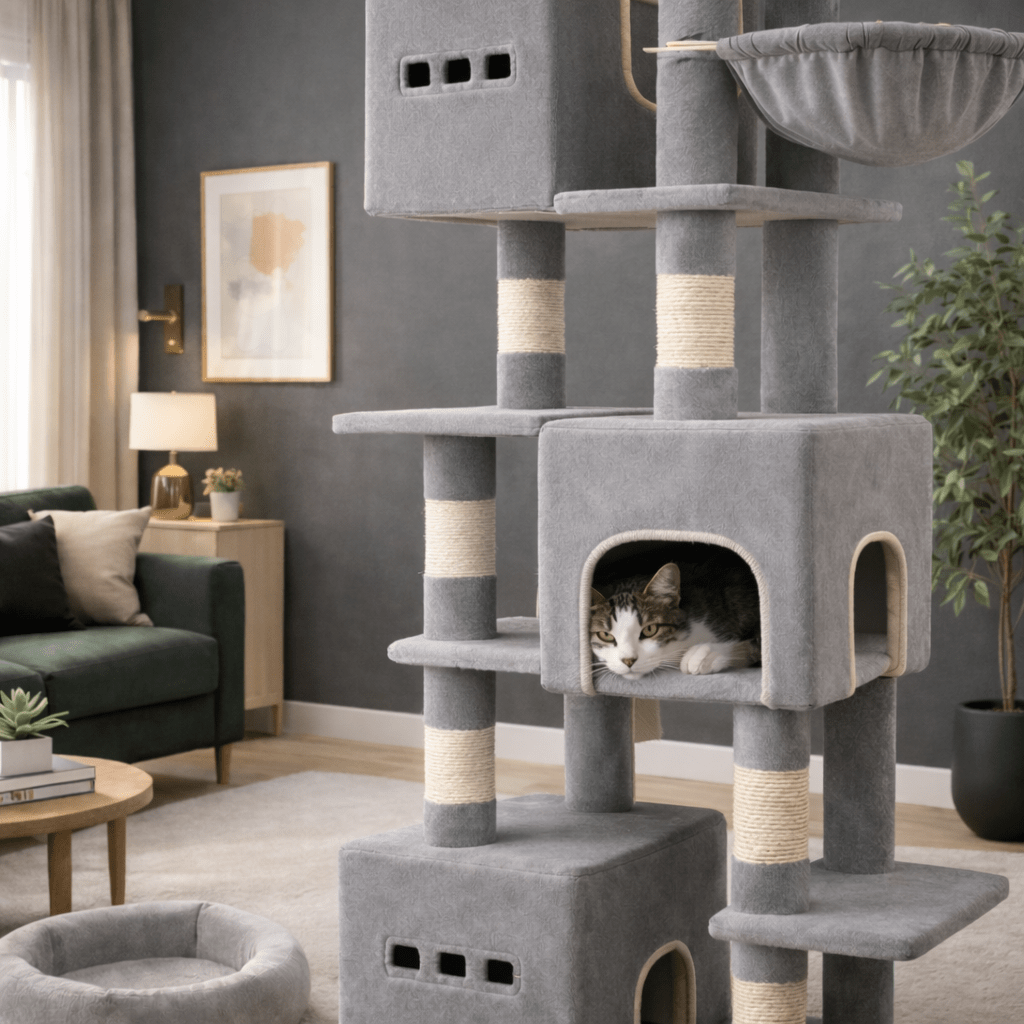 chat couche dans gros arbre à chat xxl 
