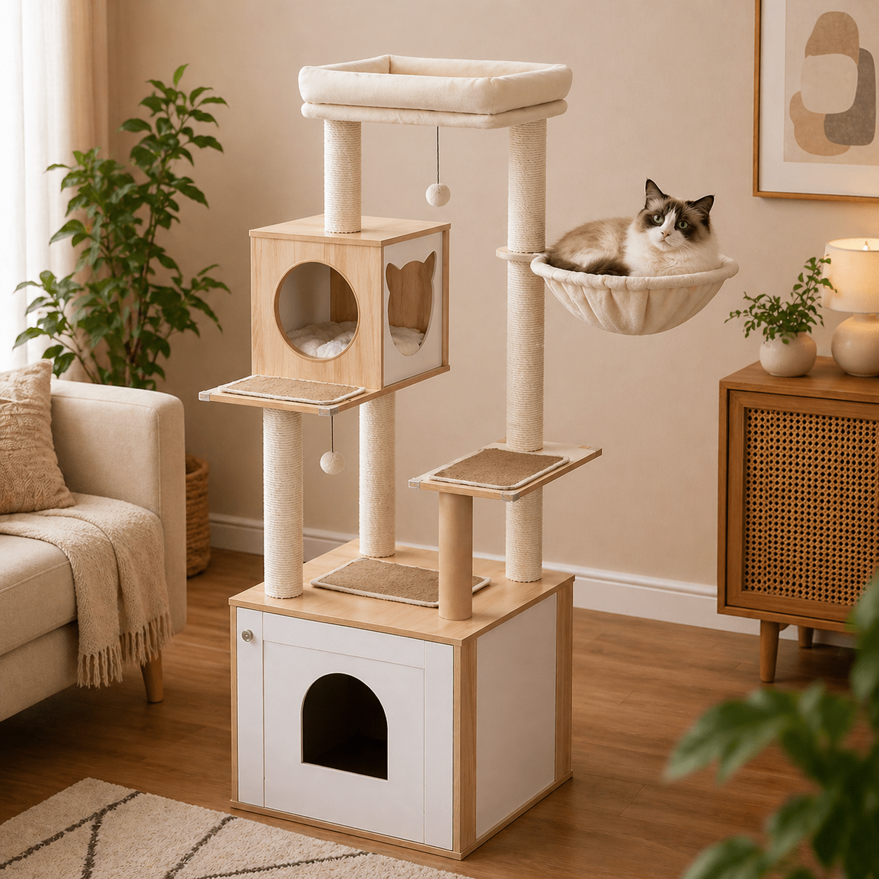 chat couche dans hamac arbre a chat scandinave bois multifonctions