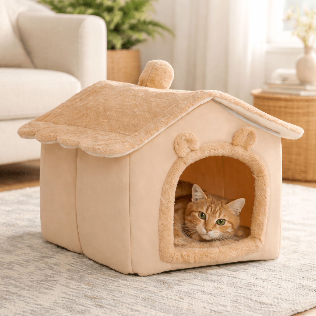 chat couche dans maison chat douce confortable brune