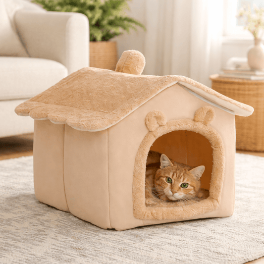 chat couche dans maison chat douce confortable brune