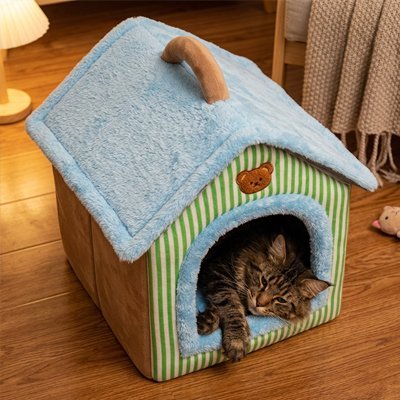 chat couche dans maison pour chat confortable adorable