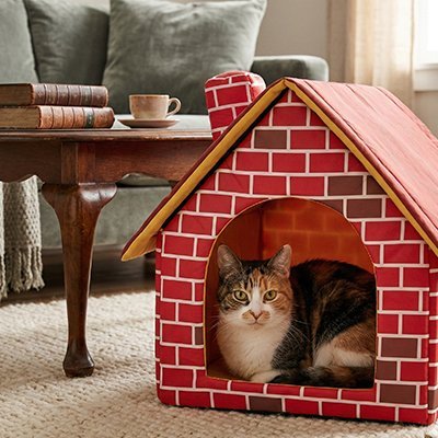 chat couche dans maison pour chat design brique rouge