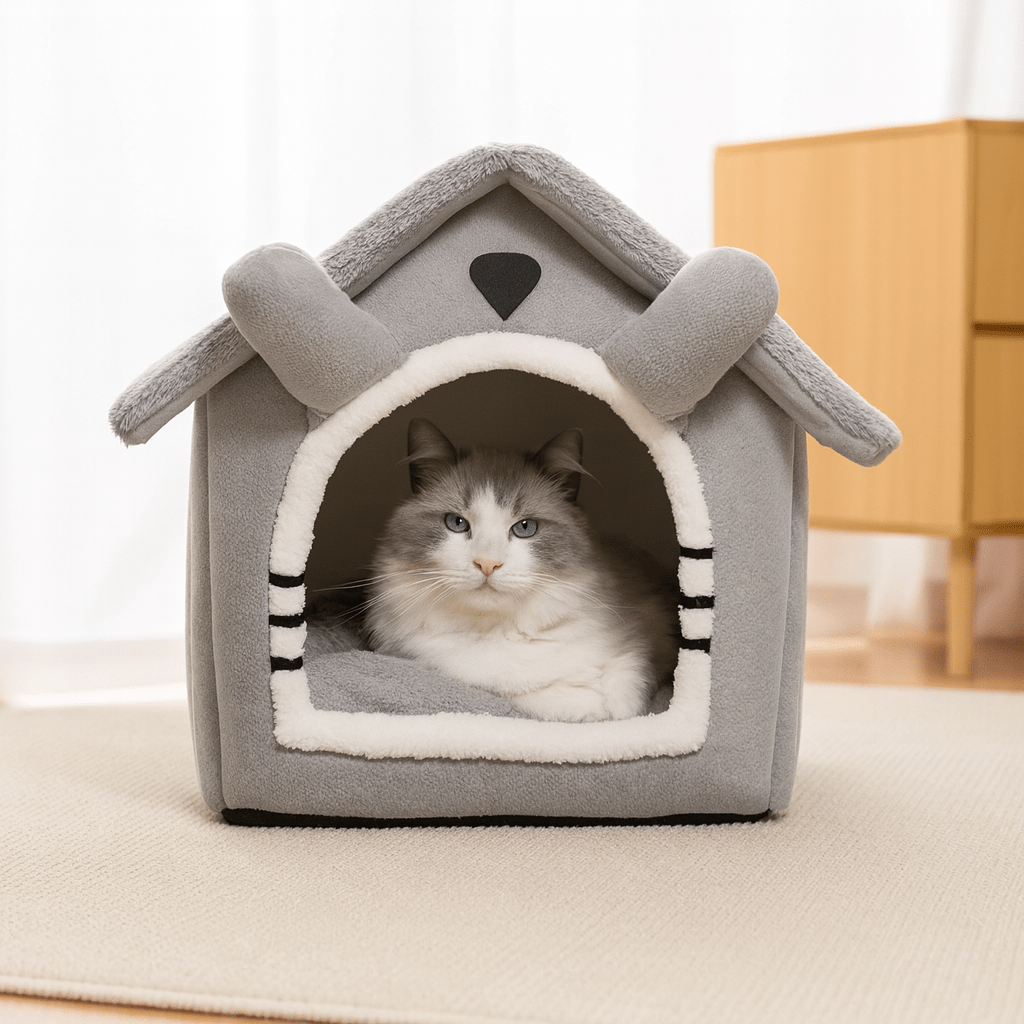 chat couche dans maison pour chat design mignon gris doux