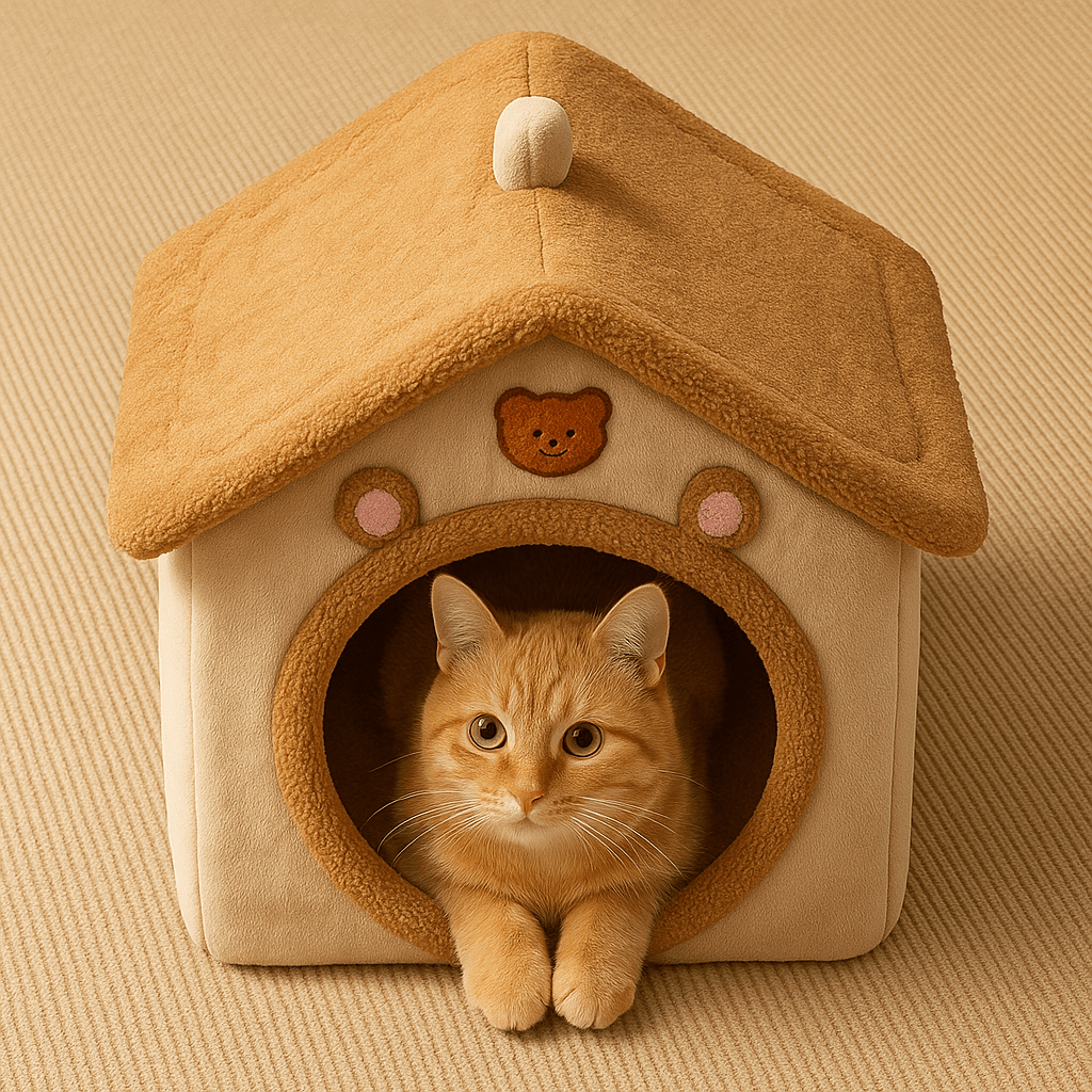 chat couche dans maison pour chat marron adorable design ourson