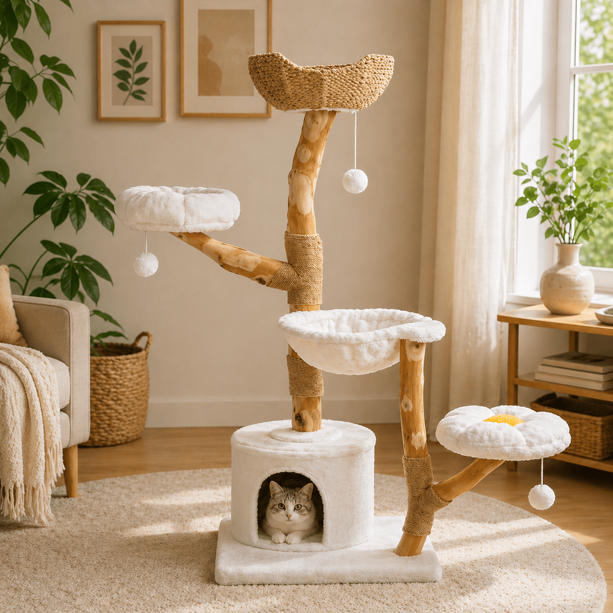 chat couche dans niche arbre a chat nuage tronc bois confortable