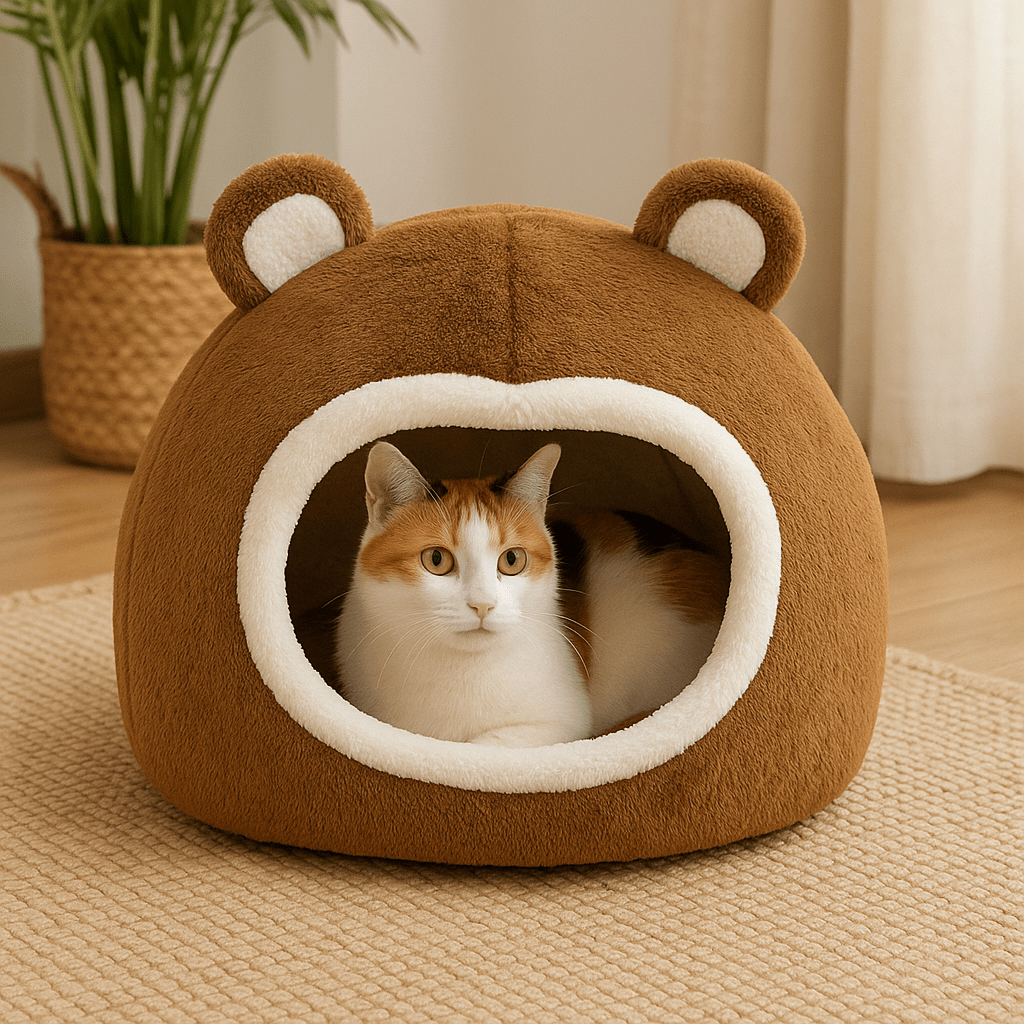 chat couche dans niche chat design ours brun doux confortable