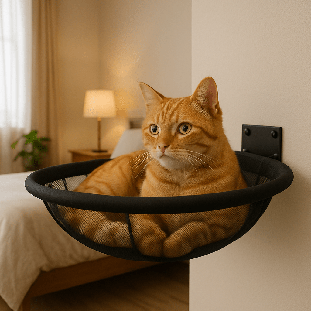chat couche paisiblement dans hamac pour chat mural rond confortable noir