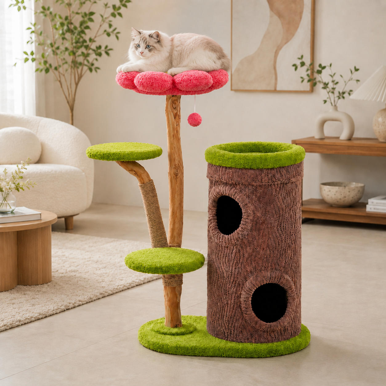 chat couche sur fleur dans arbre à chat design foret