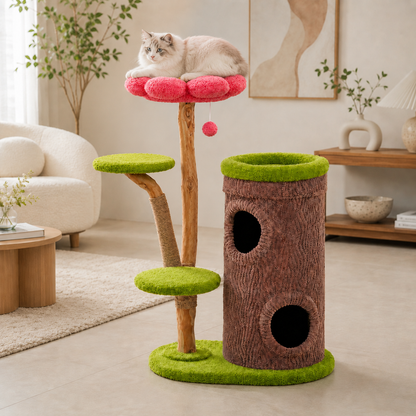 chat couche sur fleur dans arbre à chat design foret