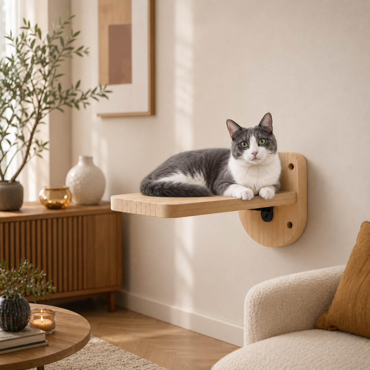 chat couche sur plateforme murale pour chat en bois