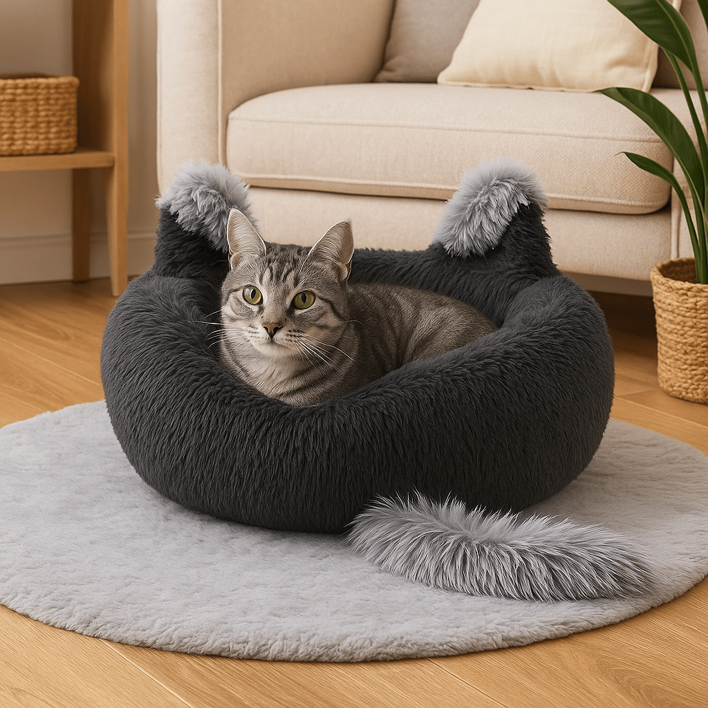 chat dans coussin pour chat doux gris rond design chat