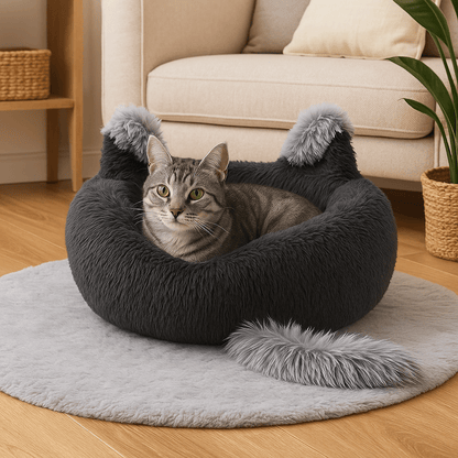 chat dans coussin pour chat doux gris rond design chat