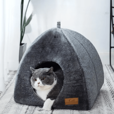chat dans niche pour chat grotte confortable gris