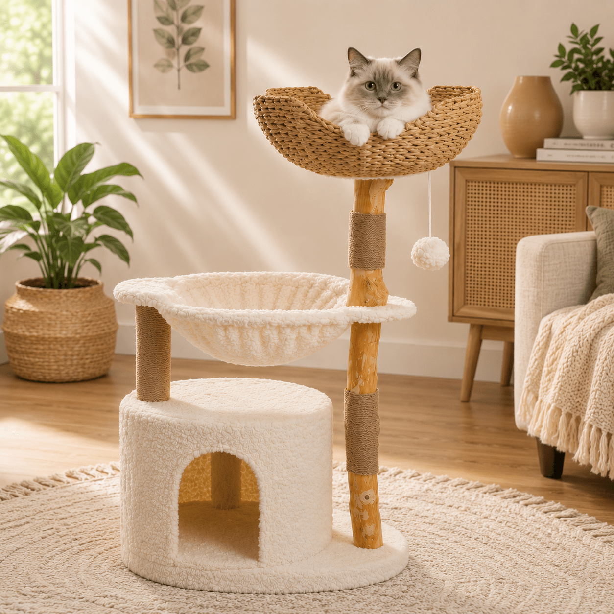 chat dans panier osier arbre a chat nuage confortable pratique