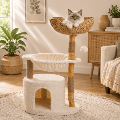 chat dans panier osier arbre a chat nuage confortable pratique