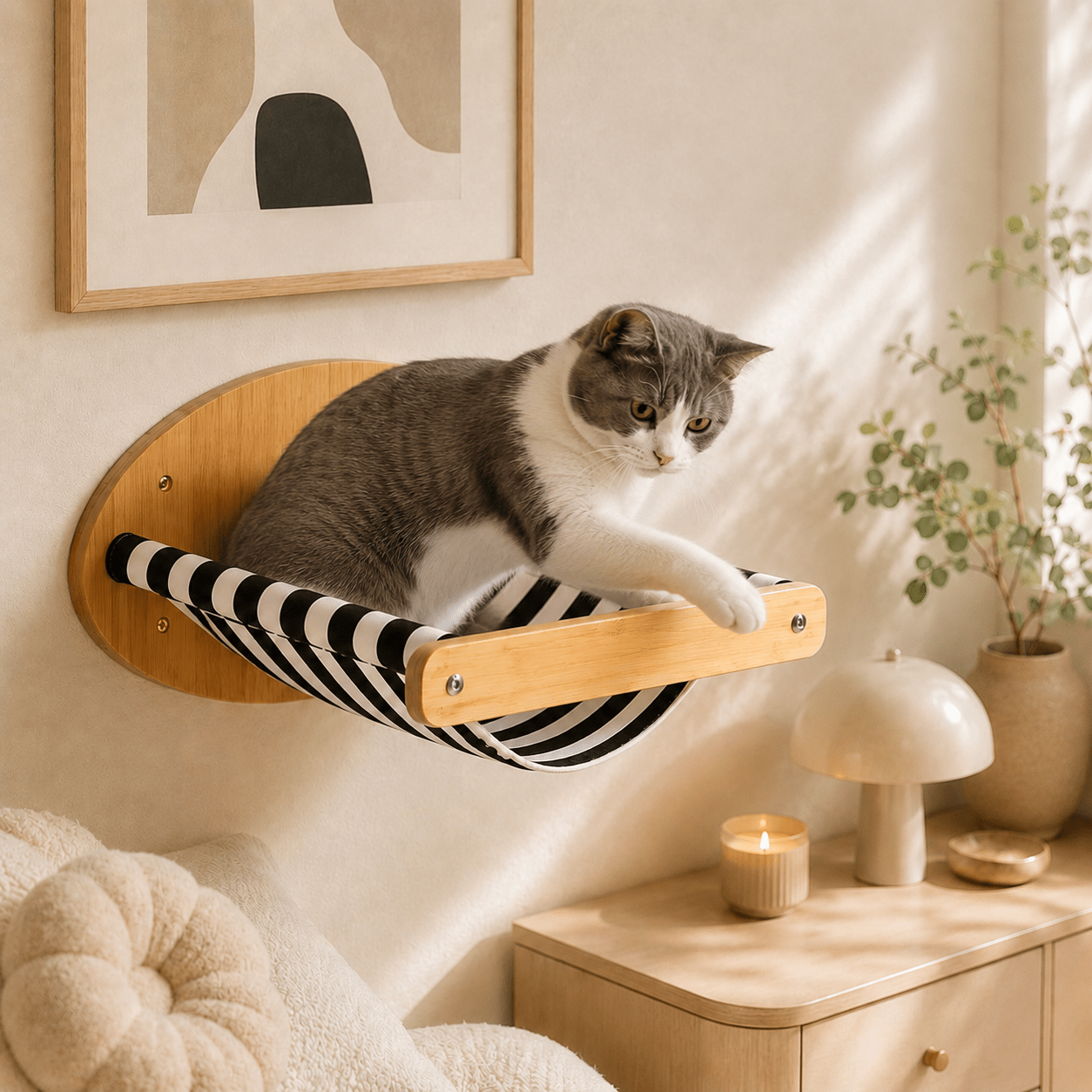 chat debout dans hamac mural confortable