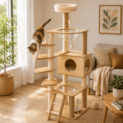 chat descendant arbre a chat scandinave avec niche amusant bois