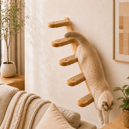 chat descendant marches murales bois pour chat avec corde sisal