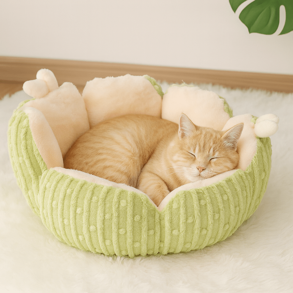 chat detendu dans coussin pour chat design fleur moelleux vert