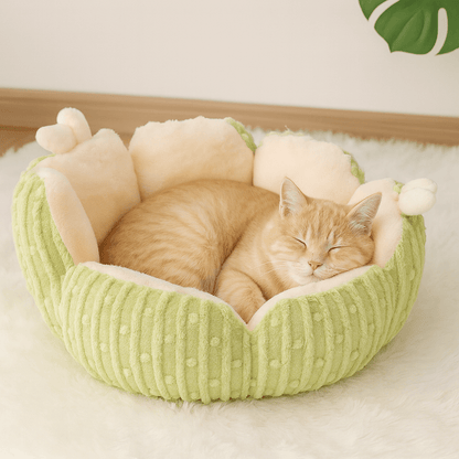 chat detendu dans coussin pour chat design fleur moelleux vert