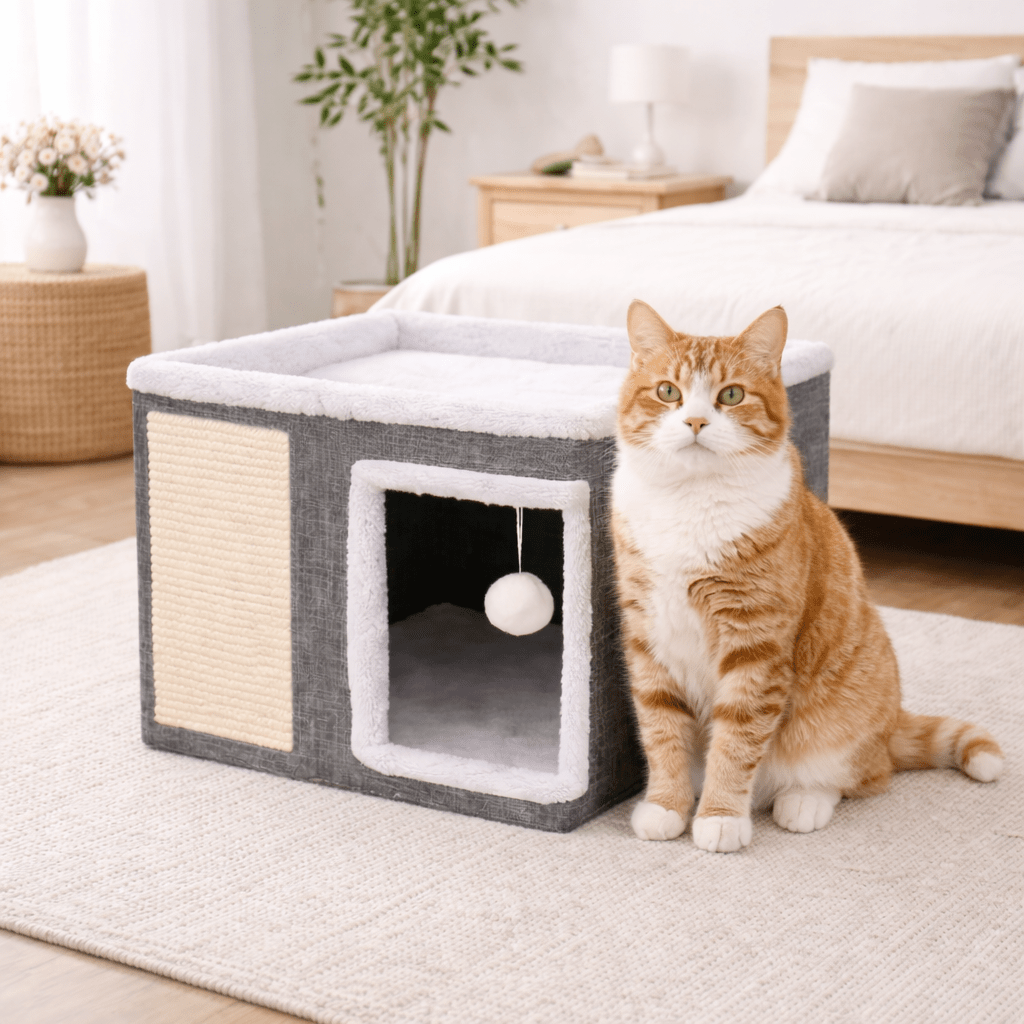 chat devant maisonnette chats cube amusante confortable grise