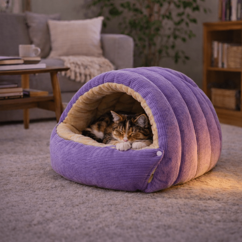 chat dormant dans chat niche chaude semi fermee violet