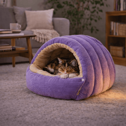 chat dormant dans chat niche chaude semi fermee violet