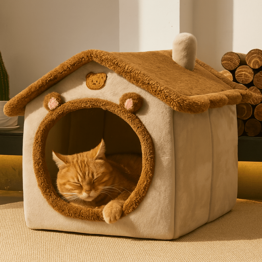 chat dormant dans maison pour chat marron adorable design ourson