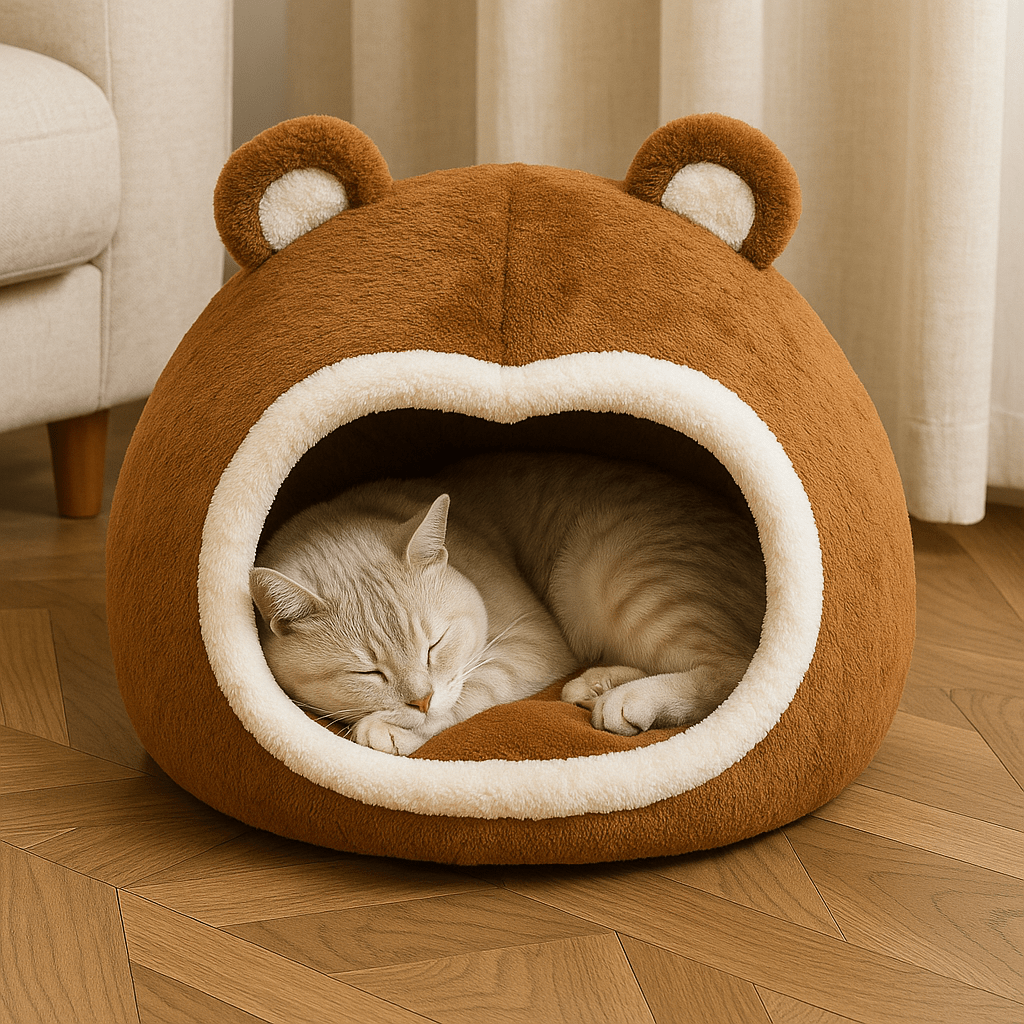 chat dormant dans niche chat design ours brun doux confortable