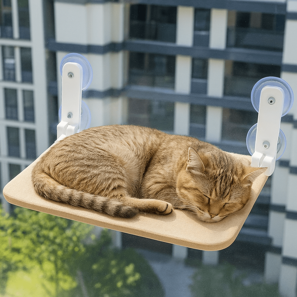 chat dormant paisiblement sur hamac chat fenetre ventouses confortable beige