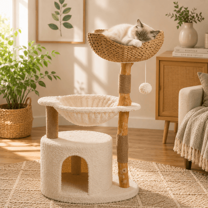 chat dormant panier osier arbre a chat nuage confortable pratique
