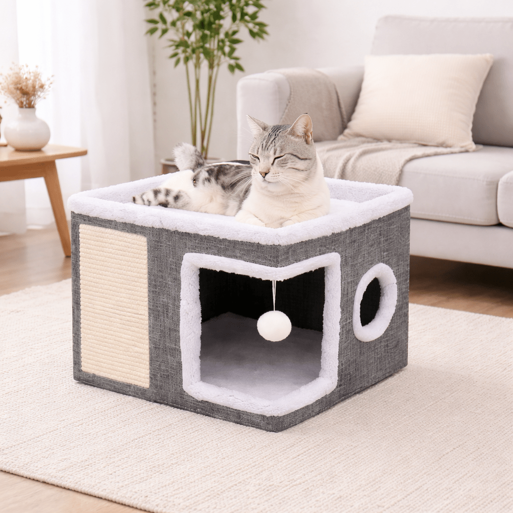 chat dormant sur maisonnette chats cube amusante confortable grise