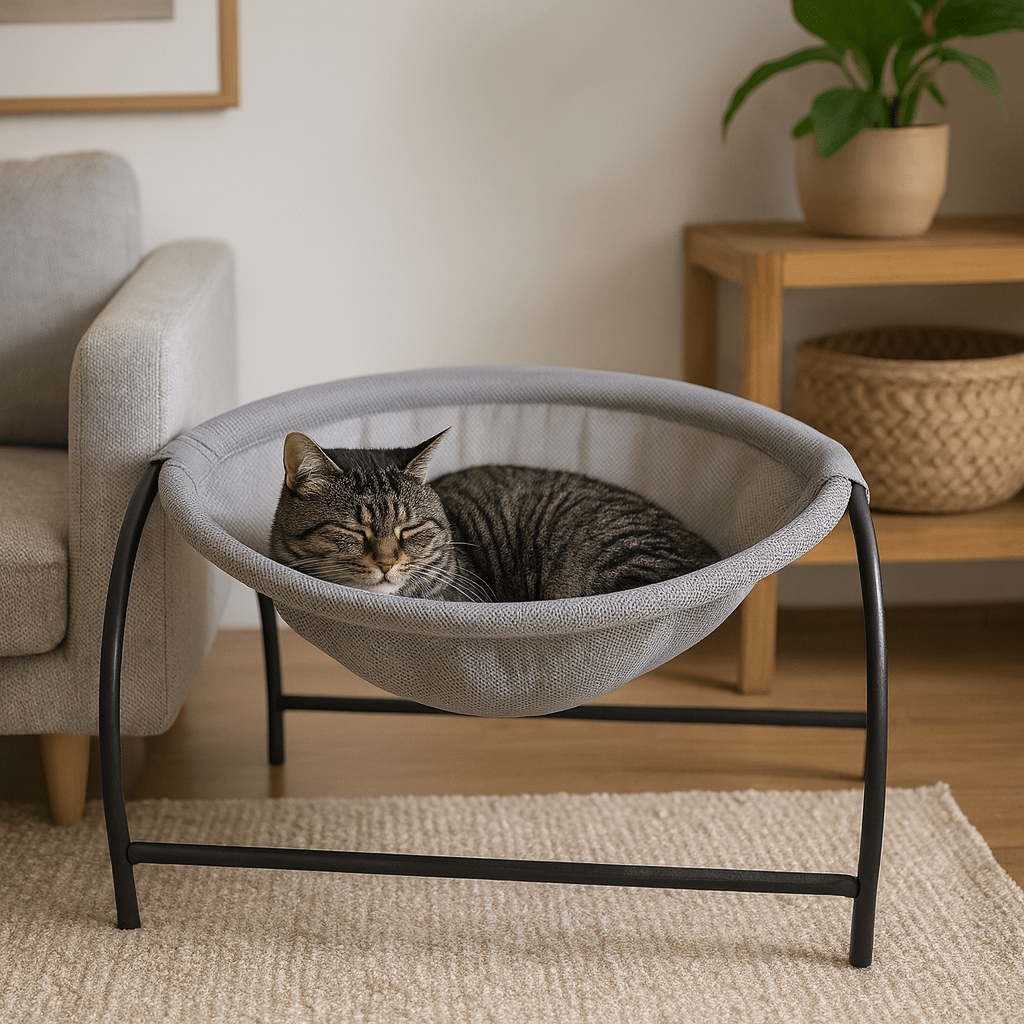 chat endormi dans hamac pour chat forme dome confortable gris
