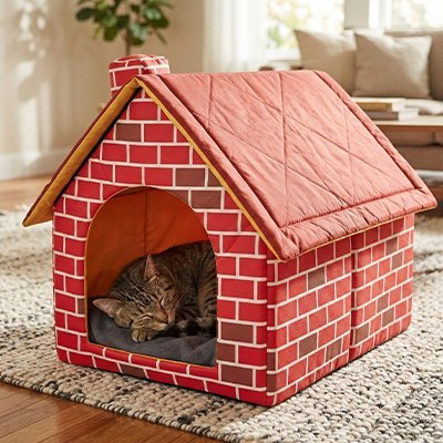 chat endormi dans maison pour chat design brique rouge
