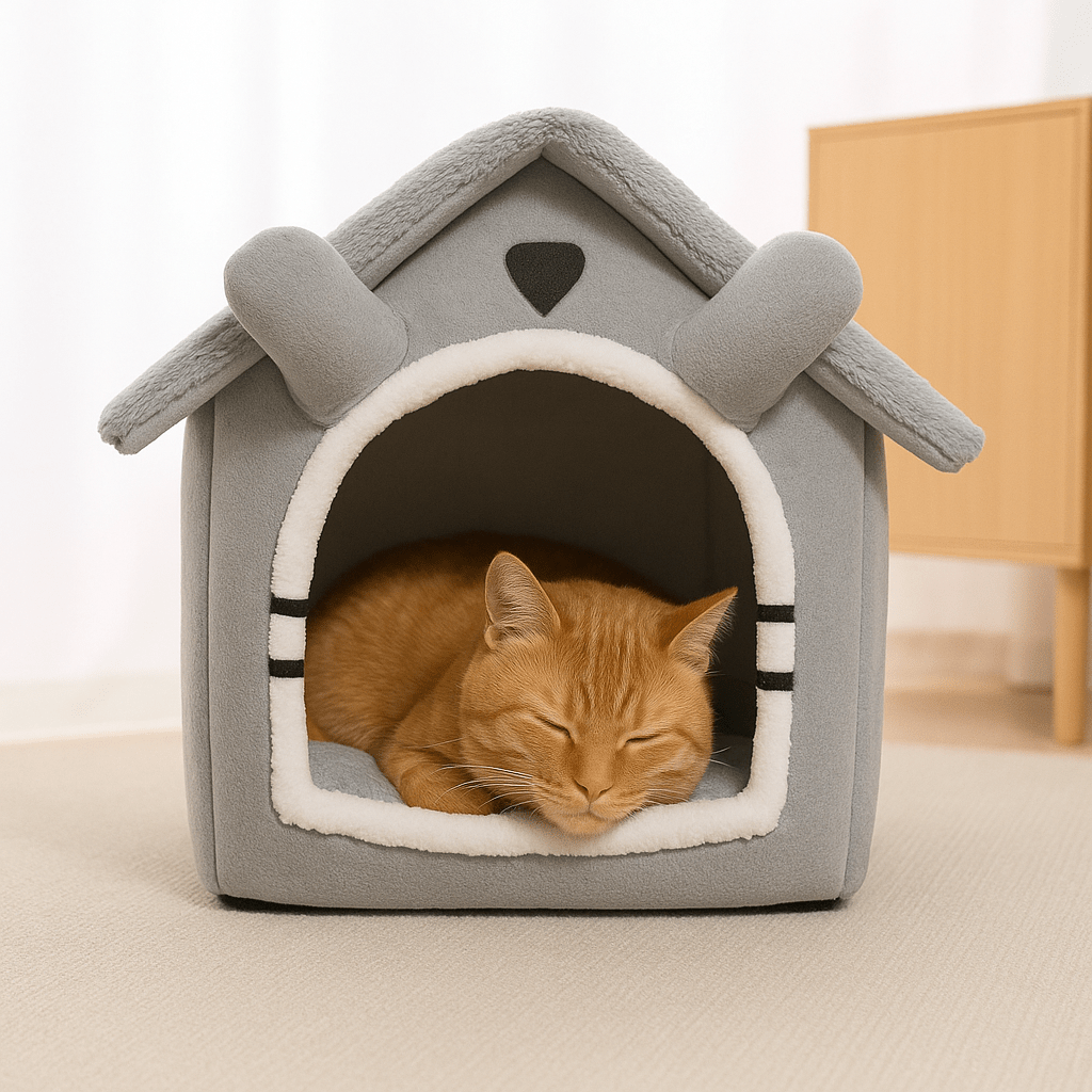 chat endormi dans maison pour chat design mignon gris doux