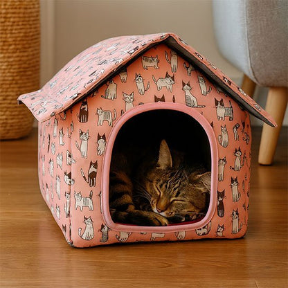 chat endormi dans niche pour chat extérieur impermeable rose