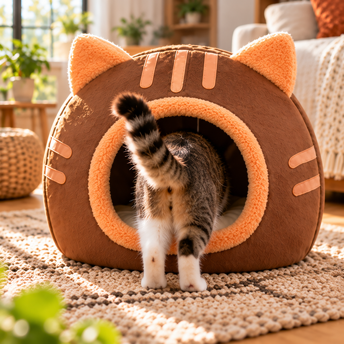 chat entrant dans lit pour chat meownest marron confortable chaleureux