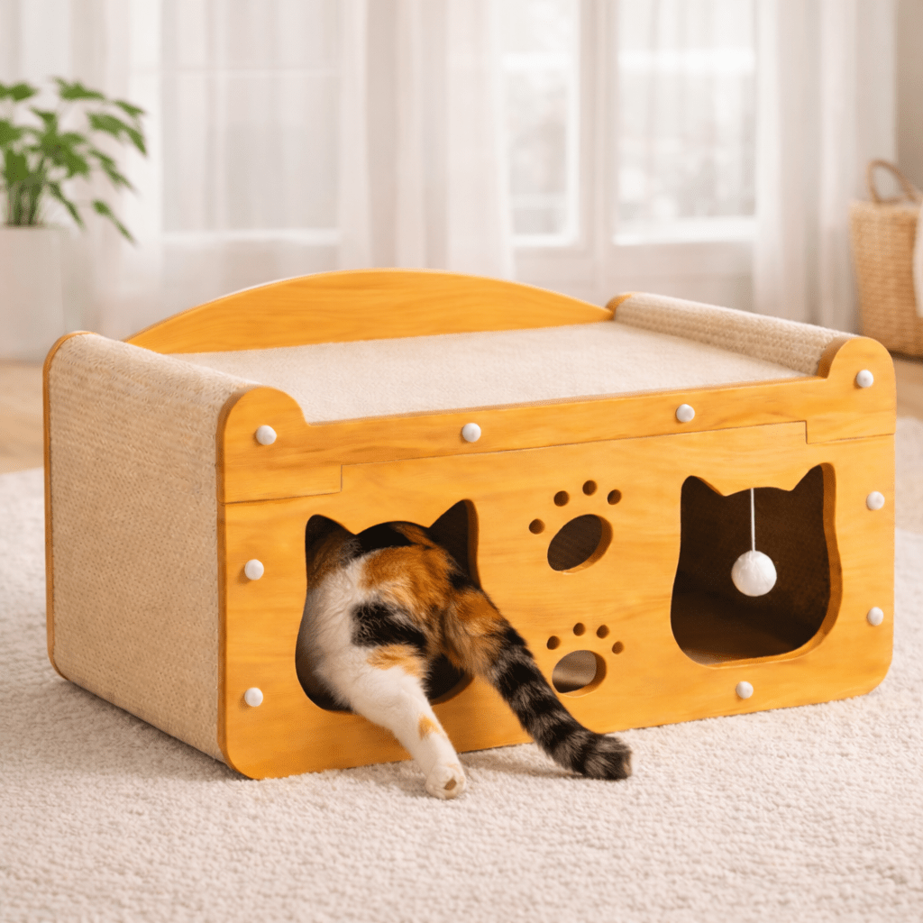 chat entrent dans maisonnette bois chat deux niveaux confortable amusante