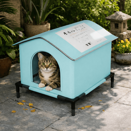 chat etendu dans maison pour chat impermeable bleu