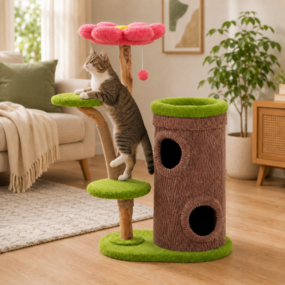 chat grimpant dans arbre à chat design foret