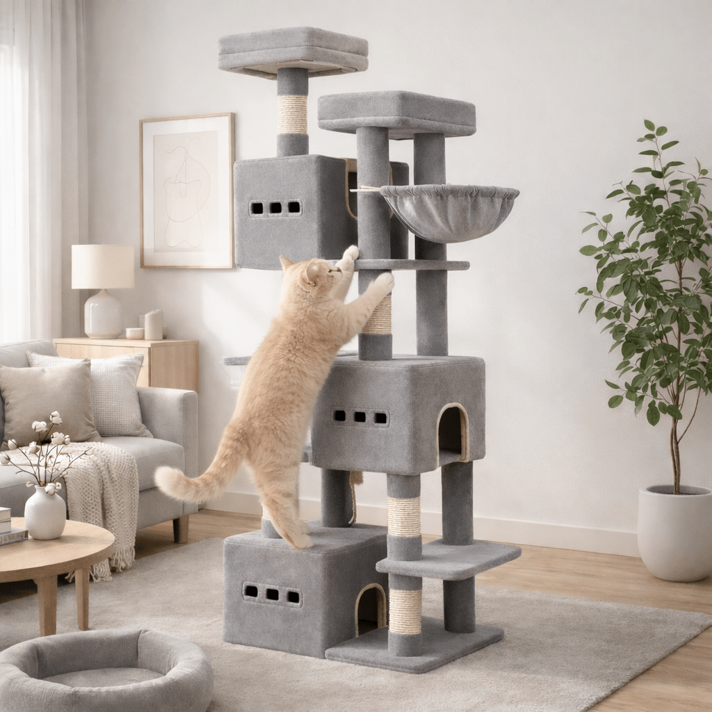 chat grimpant dans gros arbre à chat xxl 