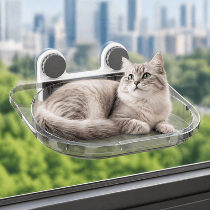 chat gris allonge sur perchoir chat fenêtre avec ventouses