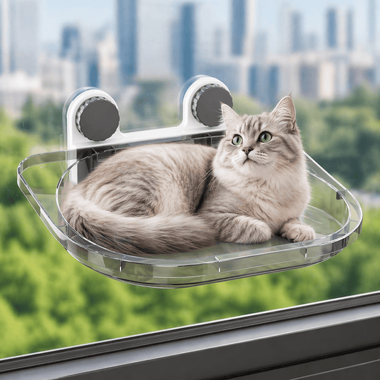 chat gris allonge sur perchoir chat fenêtre avec ventouses