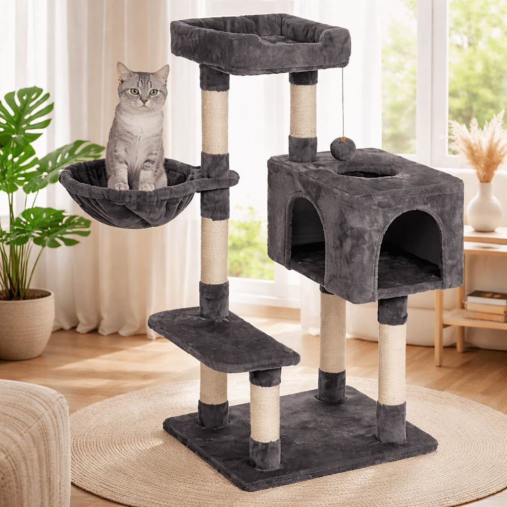 chat gris assis dans hamac arbre à chat 100cm confortable
