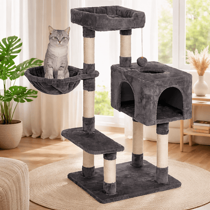 chat gris assis dans hamac arbre à chat 100cm confortable