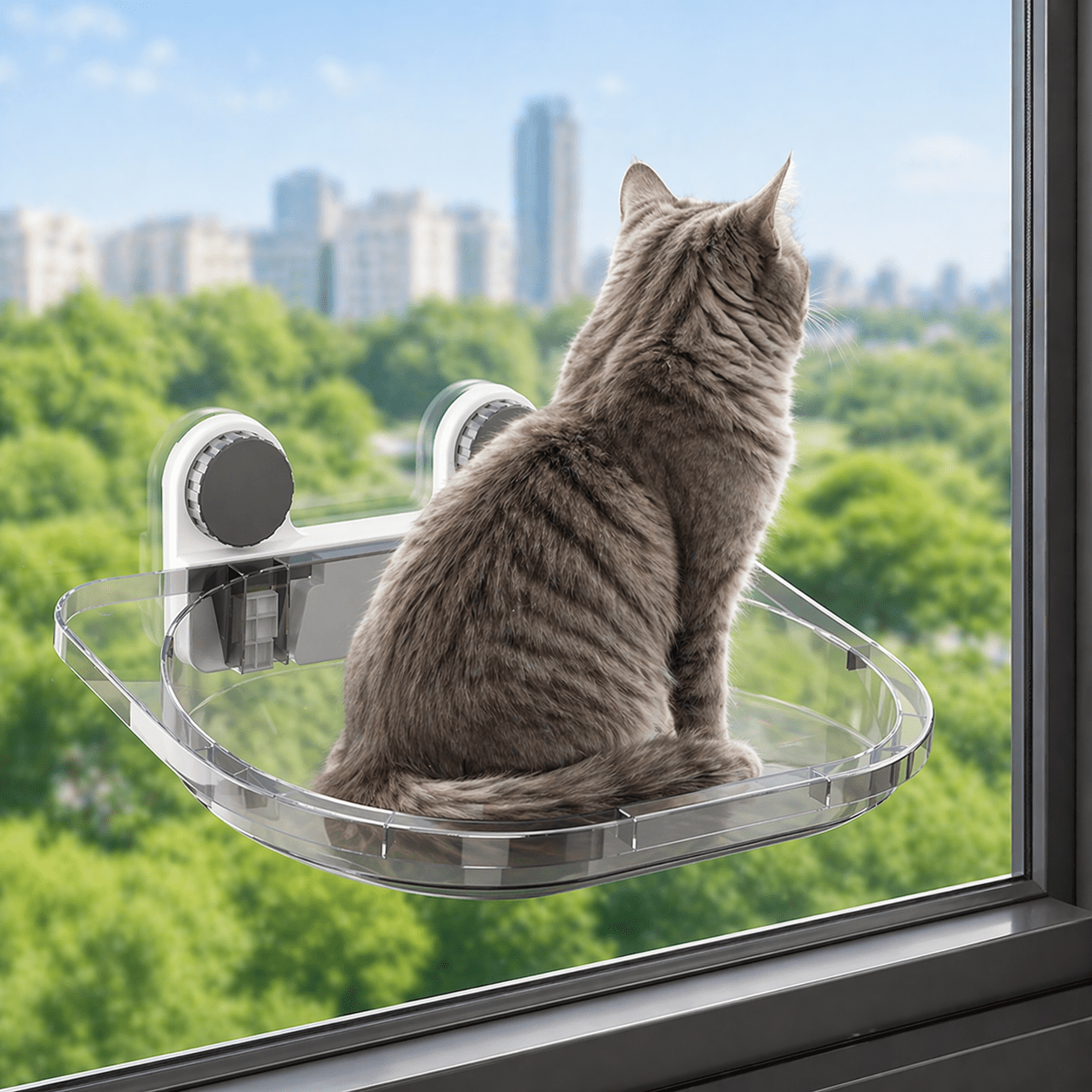 chat gris assis sur perchoir chat fenêtre avec ventouses