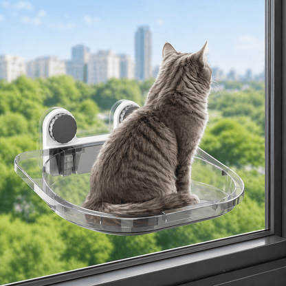 chat gris assis sur perchoir chat fenêtre avec ventouses