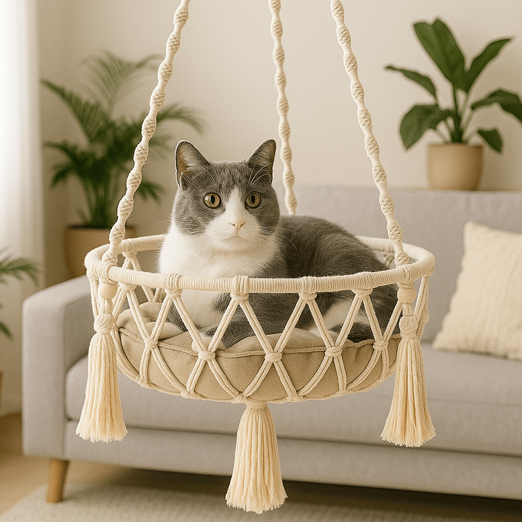 chat gris blanc dans son hamac pour chat suspendu confortable